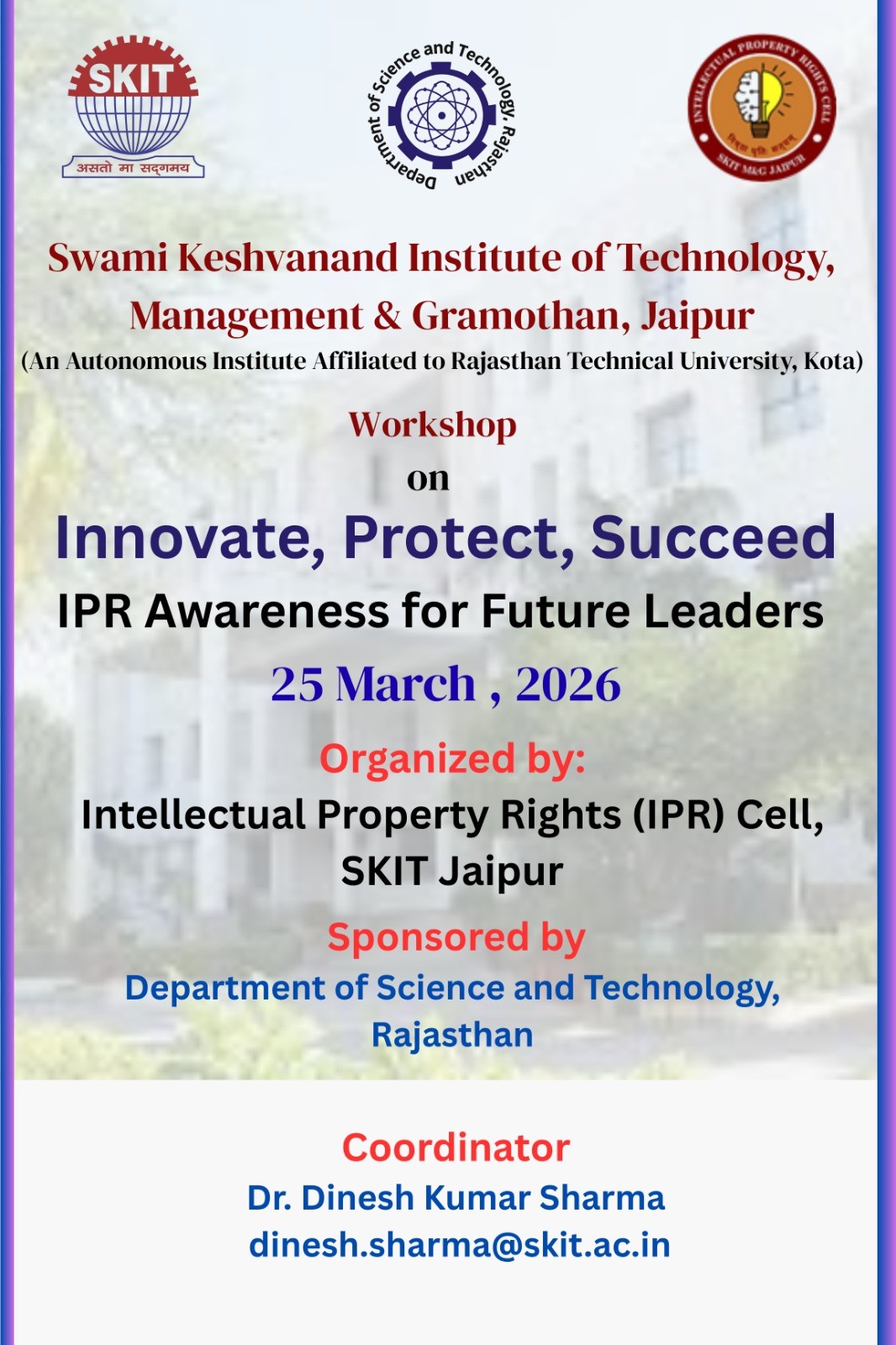 Poster of the IPR awareness workshop on Innovate, Protect, Succeed
